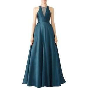 ML Monique Lhuillier Teal Mesh Ball Gown